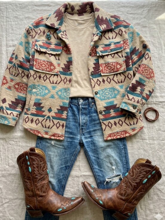 Roper Jackets & Blazers - Roper Tan Aztec Utility Jacket with Turquoise & Rust Accents